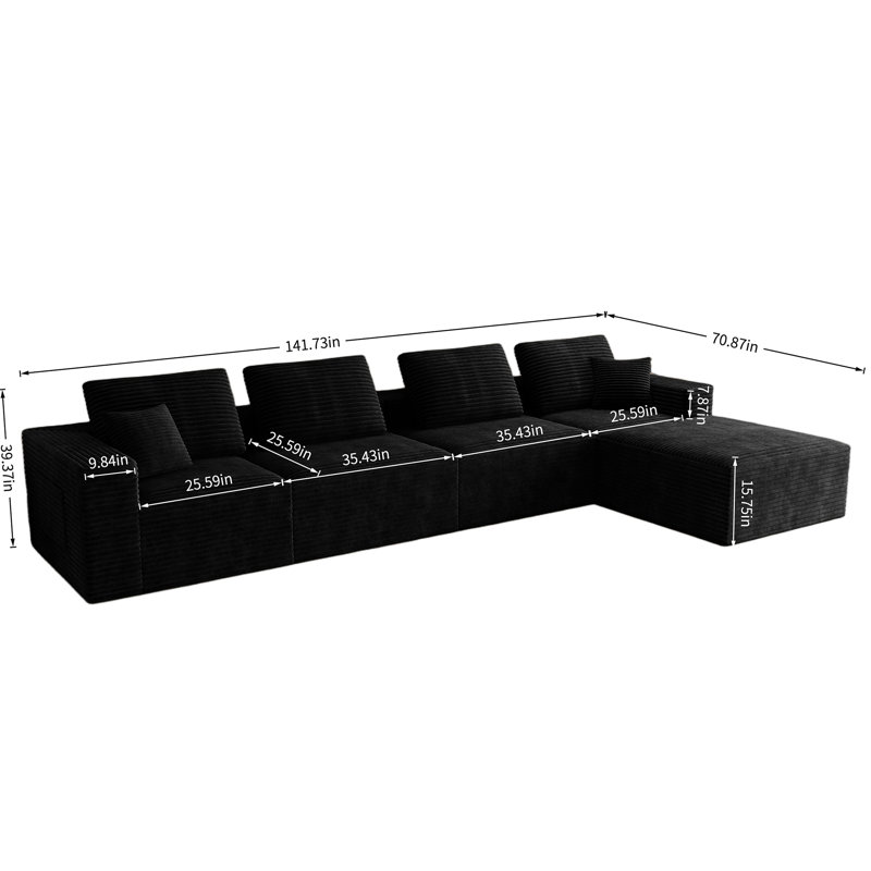 Canapé modulaire en forme de L 141,7 po avec méridienne en velours côtelé noir Abdou