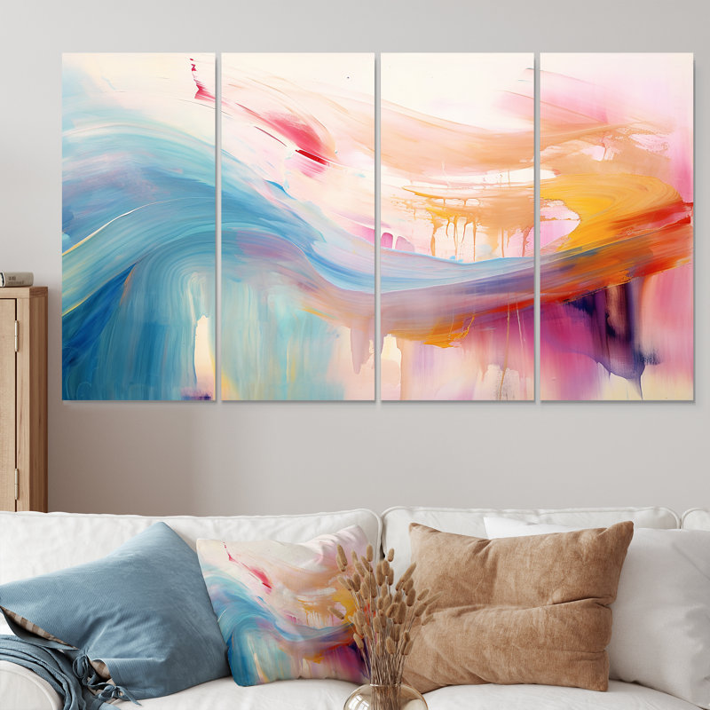 «Vibrant Waves Miami Sunset II - Abstract Modern Waves», art mural 4 pièces, H 32 po x l 64 po