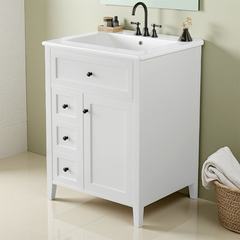 Meuble-lavabo de salle de bain élégant avec lavabo - Fabrication en bois aggloméré durable et en bois d'hévéa, 3 tiroirs et tablettes réglables - Parfait pour les petites et moyennes salles de bain