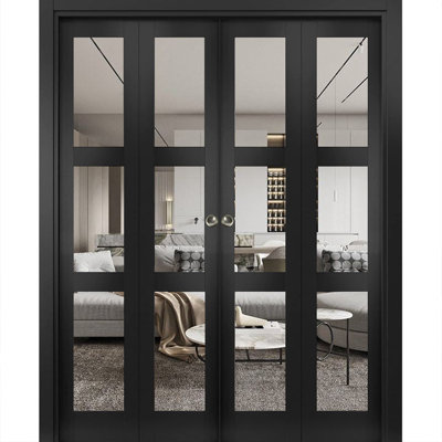 Sliding Closet Double Bi-fold Doors 96" x 84" (4* 24x84) Lucia 2555 Matte Black with Clear Glass Sturdy Tracks Moldings Trims Hardware Set Wood Solid Bedroom Wardrobe Doors