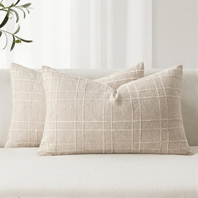 Housses de coussin décoratif à carreaux en lin, housses de coussin neutres de style campagnard rétro, taies décoratives Boho Modern pour canapé, canapé, chambre à coucher et décoration intérieure, beige naturel, ensemble de 2