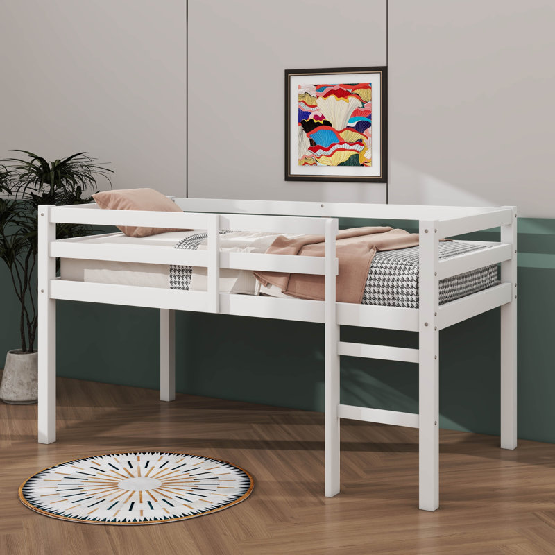 Twin Loft Bed With Guardrails And Ladder, White