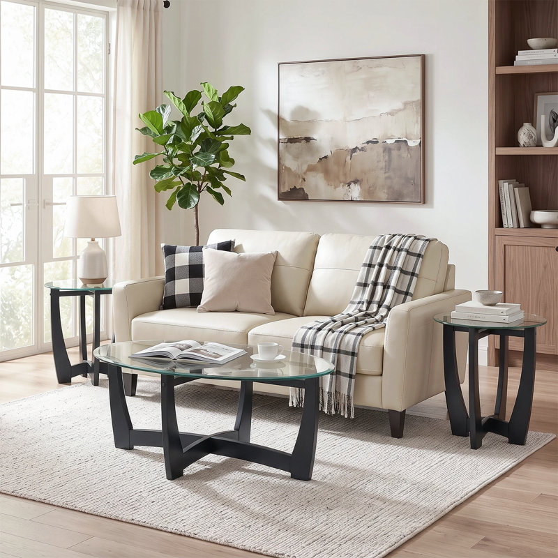 Ensemble de table basse et table de bout en verre 3 pièces, table basse ovale 48 po avec 2 tables d'appoint rondes de 23,5 po, base en bois pour le salon