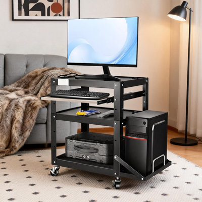 Rolling Computer Cart With Power Strip, 3-Tier Utility AV Cart With Wheels, Keyboard Tray, CPU Stand