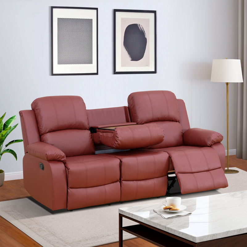 Emerald Red Semi PU And PVC 3 Seat Sofa Living Room Sofa, Jennaliz Burgundy Red Faux Leather