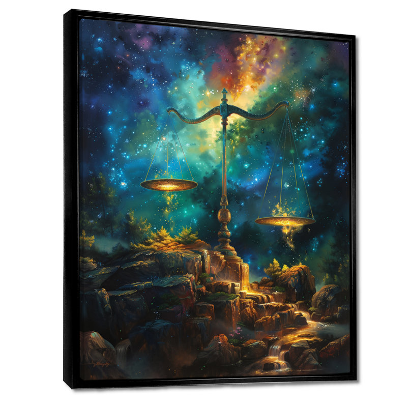 «Blue Balance» Astrology Cosmic Coopération - Décoration murale astronomie Balance, H 24 po x l 32 po, Cadre flottant noir