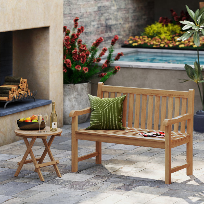 Grade A Teak Outdoor Garden Bench and Round Folding Side Table Set, 2-Piece Solid Wood Patio Furniture for Porch & Deck, Weather Resistant 2-Person Seater with Circular Coffee Table