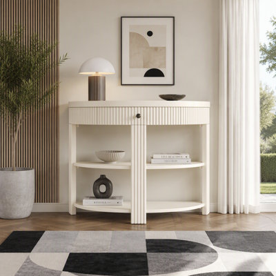 Fluted Half Moon Console Table with Drawer & 2 Shelves, Demi-Lune Entryway Table, Modern Wood Hallway Sofa Table with Storage