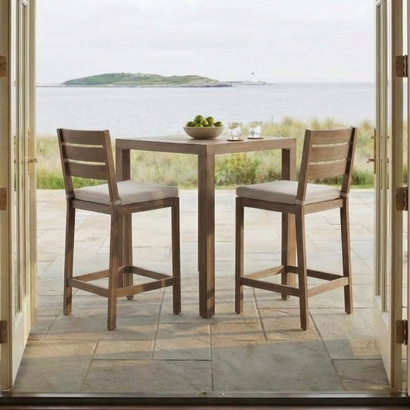 Martha Stewart Bedford All-Weather Bar Height Patio Set With 35.5" Square Slat Top Table And 2 Stools, Cream, Brown, 2