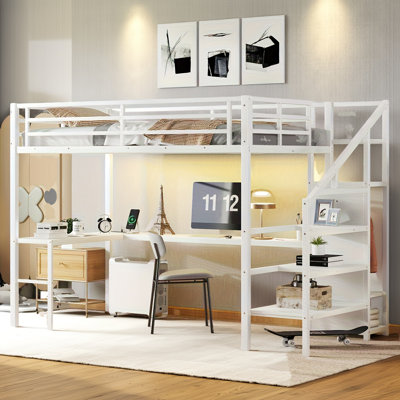 All-in-one Twin XL Metal Loft Bed With L-shaped Desk, Wardrobe, Stairs, Usb Charging & Led Lighting - Space-saving Solution For Kids, Teens, And Adults (white)