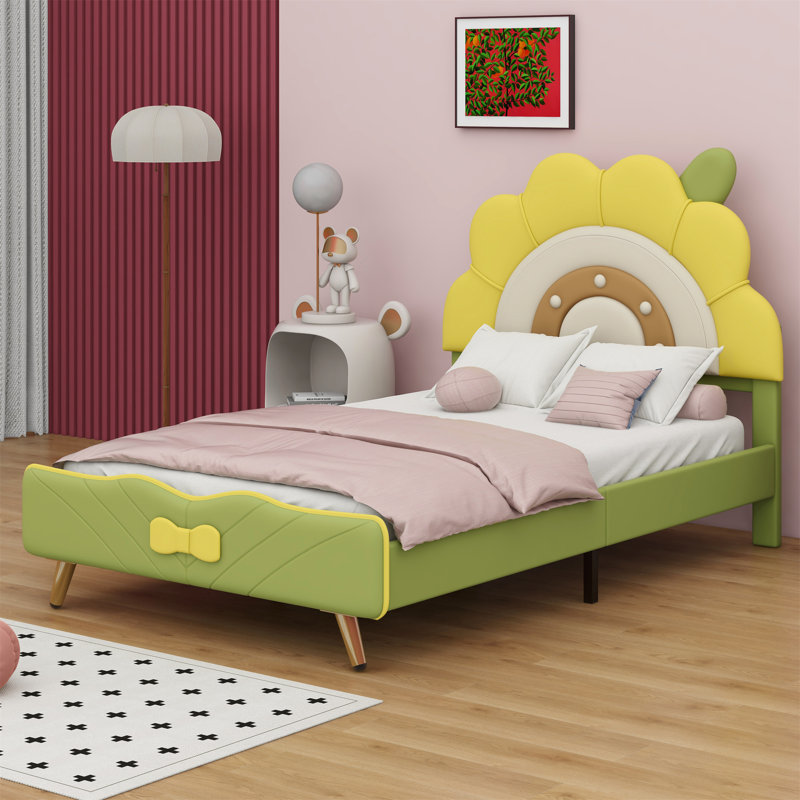 Lit plateforme tapissier avec tête de lit en forme de tournesol, Simple