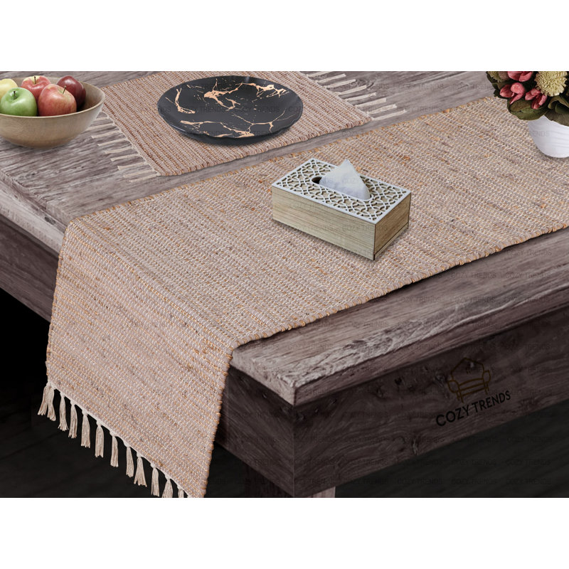 Chemin de table en coton fait à la main réversible et lavable à la machine, Beige, L 18 po x L 108 po