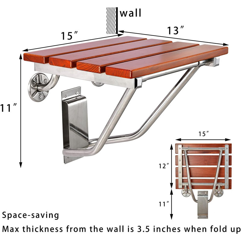 Teak Wood Folding Shower Seat and Bench, Wall Mounted, 350lb Capacity, Teak