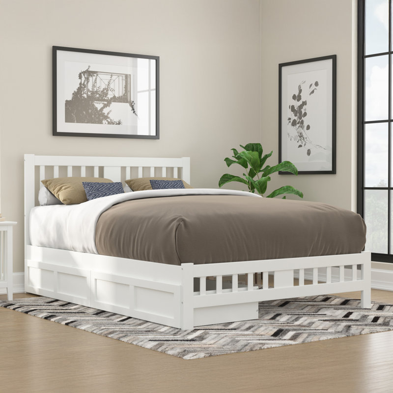 Lit plateforme avec rangement en bois massif Yarelie, Grand, Blanc