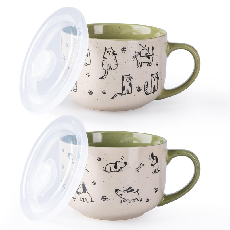Ensemble de 2 tasses à soupe 32 oz avec couvercles et poignées, bols en grès