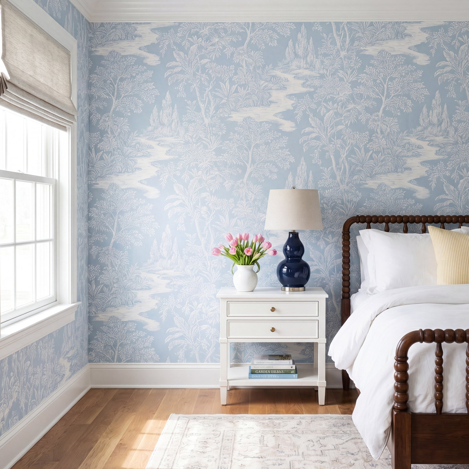 Akikazu Self-Adhesive Wallpaper Roll, 16.5" L x 20.5" W, Cornflower Blue Toile