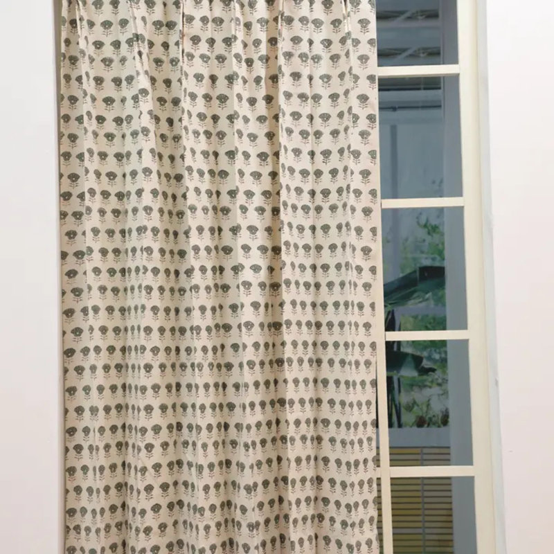 Gray and Brown Handmade Block Print Curtain Home Decorative, Floral Pleated Pinch Cotton for Soft Boho Blackout Office, Window Drape, Summer Season, Heeramoti