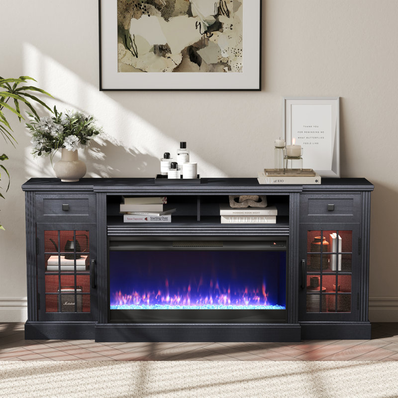 Farmhouse  Fireplace Tv Stand  For Tvs Up To 80" With 36" Electric Fireplace, Large Highboy Entertainment Center With Led Lights, Glass Door Cabinet & Storage Drawer