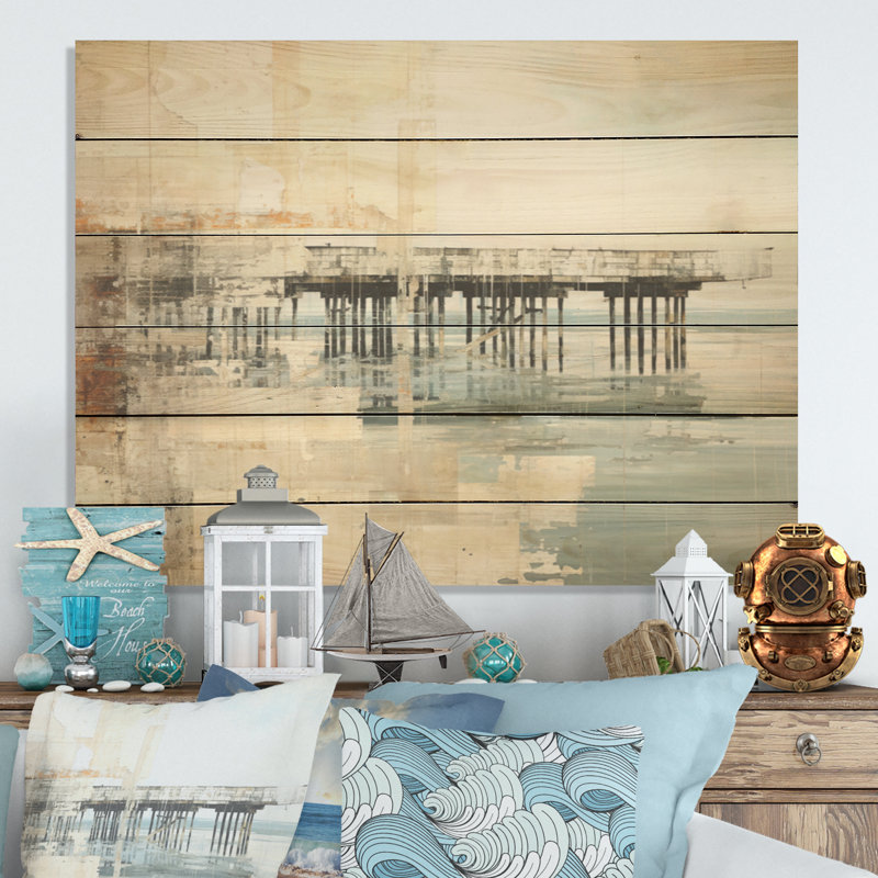 «Minimal Watercolor Pier Horizon I», art mural sur bois de pin côtier sur bois de pin naturel, H 10 po x l 20 po