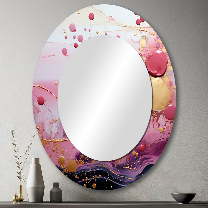 Or et rose moderne liquide formes IV - miroir mural ovale moderne, H 43 po x l 33 po