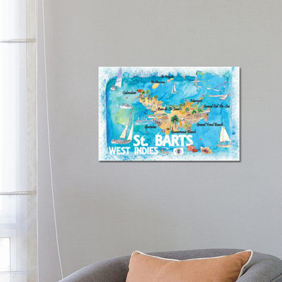 St Barts Antilles Illustrated Caribbean Map With Highlights Of West Indies Island Dream By Markus & Martina Bleichner - Wrapped Canvas Graphic Art by Markus & Martina Bleichner - Wrapped Canvas Print