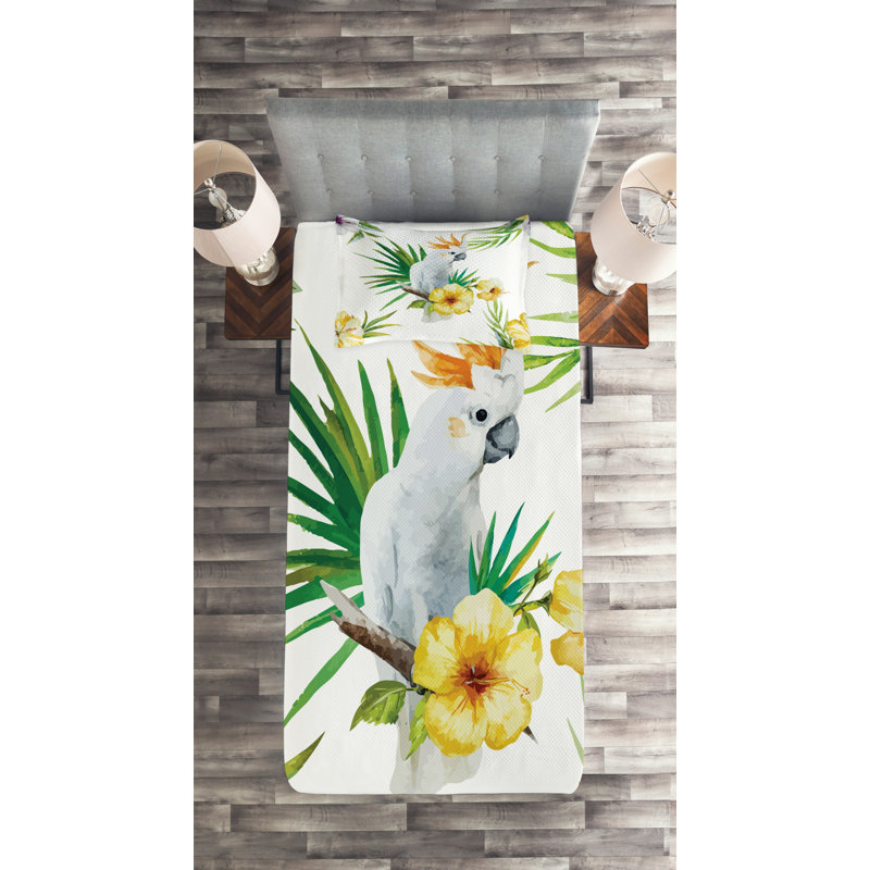 Tropical Parrot and Hibiscus Twin Quilted Bedspread Set