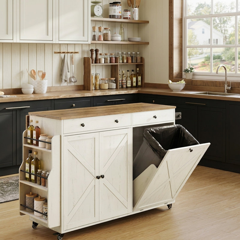 Mobile Kitchen Island With Trash Can Storage, Drop Leaf, Spice Rack, White