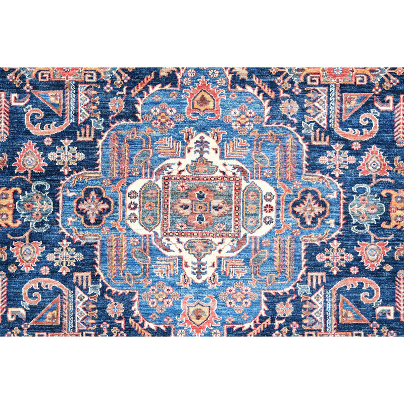 Hand Knotted Wool Area Rug in Navy And Blue