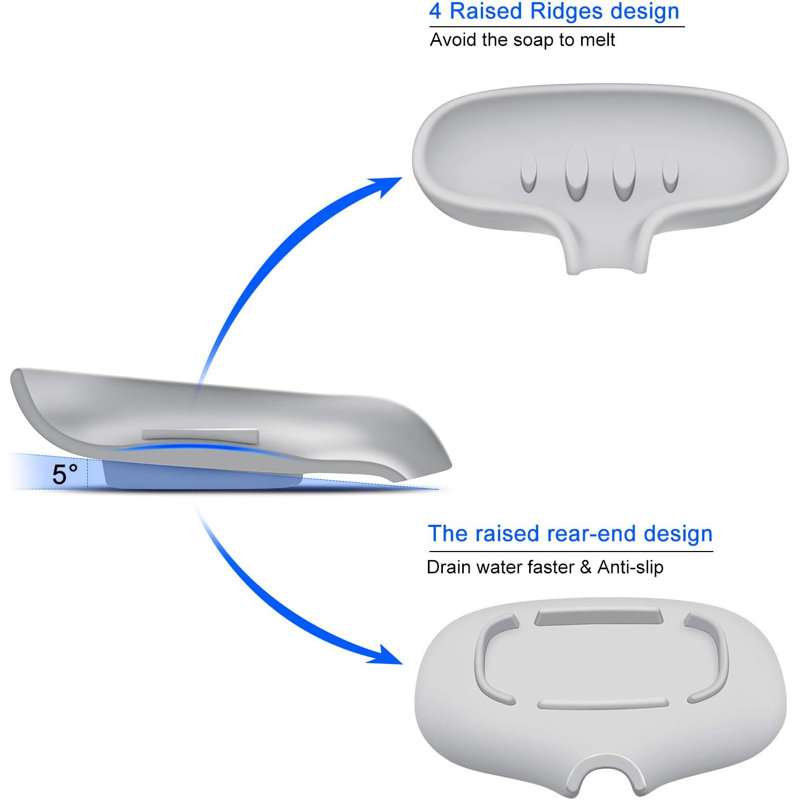 2 Pack Silicone Soap Dish With Drain Tray White & Gray