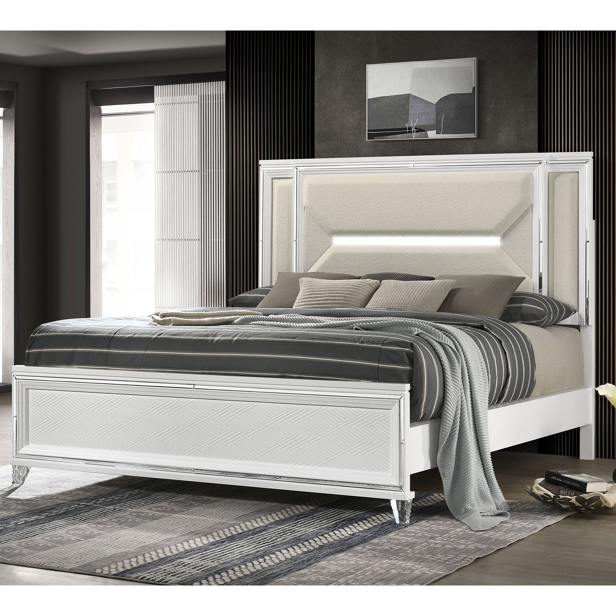 CHARLIE WHITE QUEEN BED GROUP WITH LED main image 0