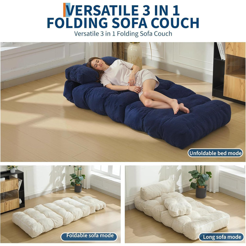 Canapé-lit pliant portable 3 en 1, fauteuil convertible avec dossier ergonomique et oreiller, canapé de sol compact, bleu marine