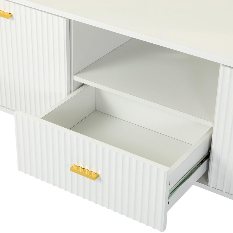 White TV Cabinet with Gold Metal Legs and Handles  Stylish Media Console with Spacious Storage