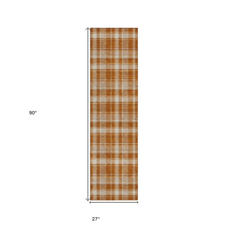 8' Runner Orange and Ivory Plaid Washable Non Skid Indoor Outdoor Runner Rug