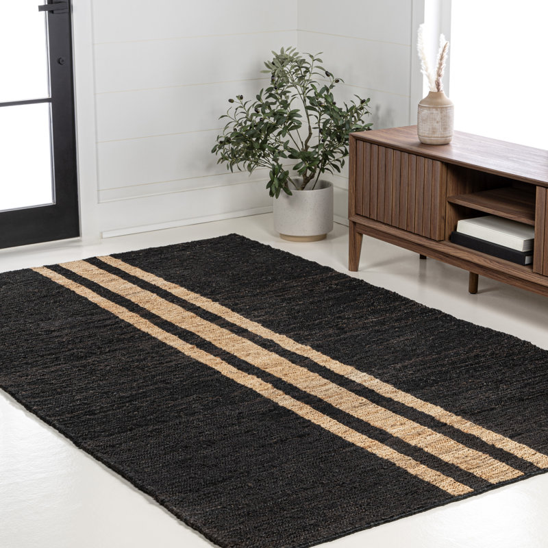 Amandus Rustic Farmhouse Wide Ticking Stripe Jute Black/Natural Rug, Rectangle 5' x 8'