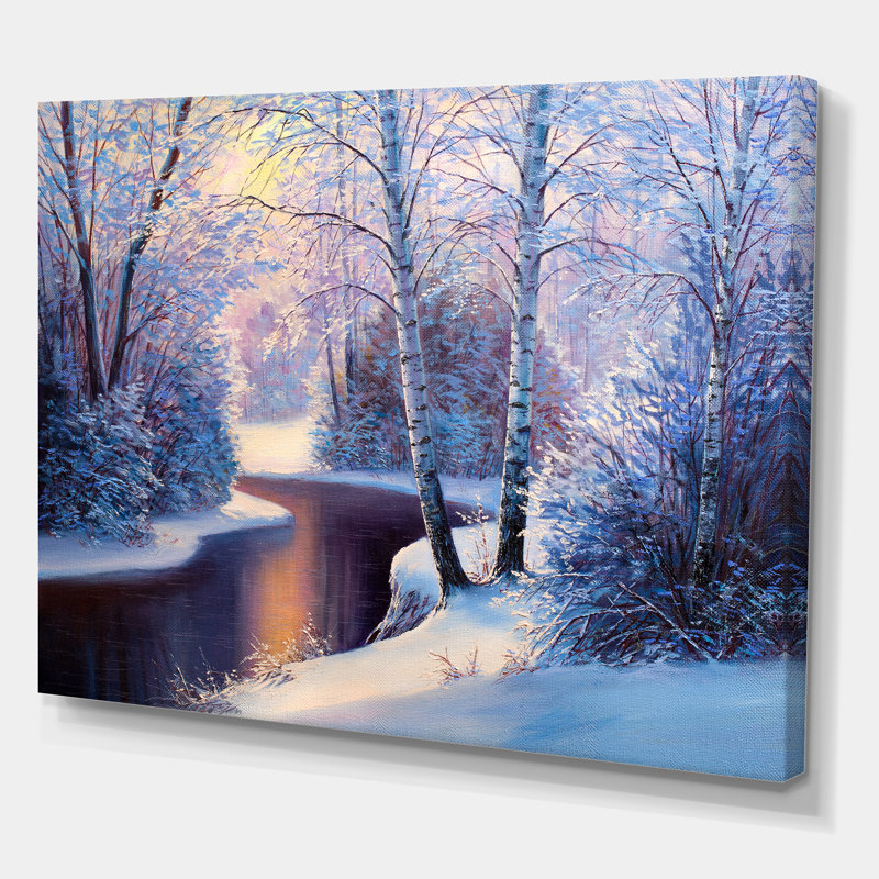 Forêt de Noël avec rivière et arbres I - peinture sur toile, H 30 po x l 40 po x 1,5 po, Toile tendue