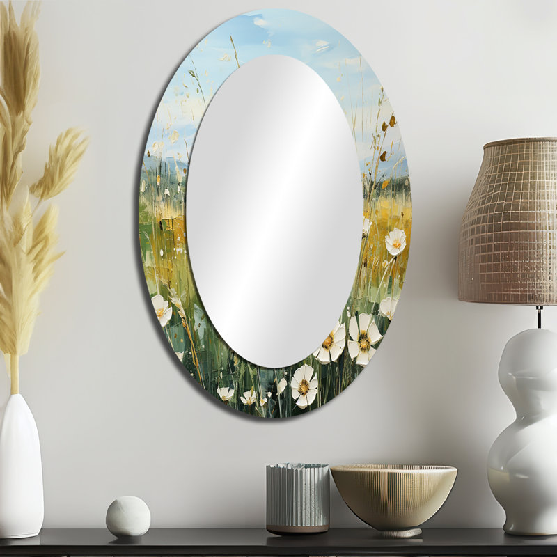 Meadow Whispers Of Spring III - Grand miroir mural ovale sur métal, 36 po x 24 po