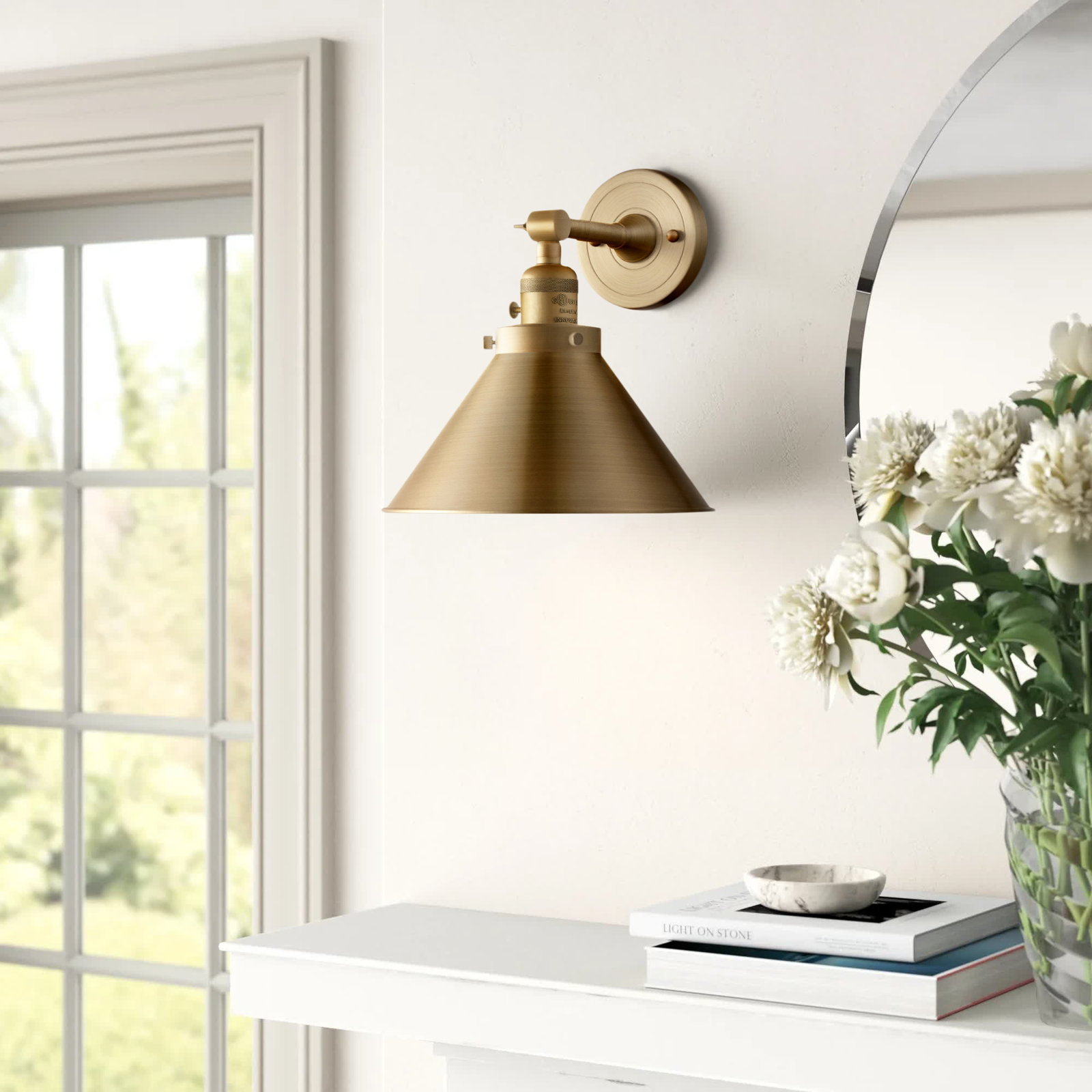 Dillon 1 - Light Dimmable Armed Sconce, 3 W LED Vintage Dimmable Bulb, Brushed Brass, Brushed Brass