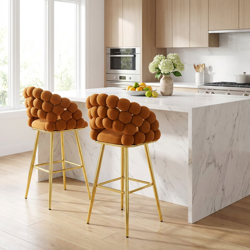 Ensemble de deux tabourets de bar modernes en velours capitonné avec dossier moelleux et pieds métalliques, Orange