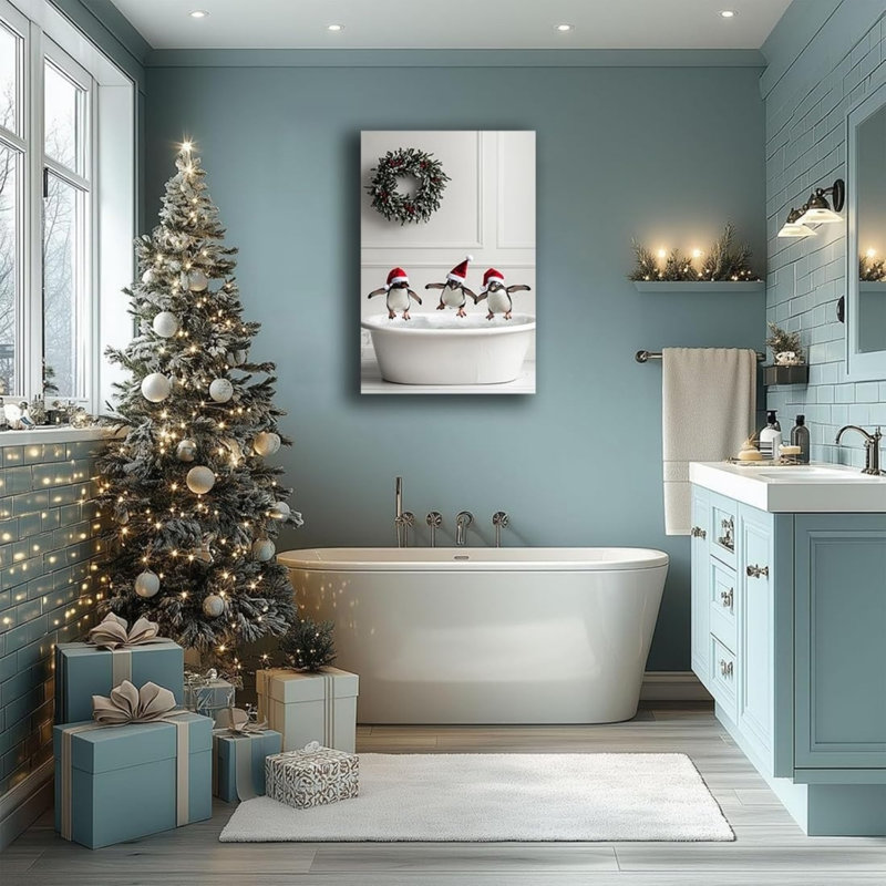 «Drôle de pingouins en père Noël», art mural 24 po x 36 po