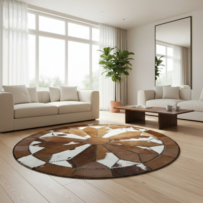 Round Cowhide Rug Brown And White Patchwork Leather Circle Carpet