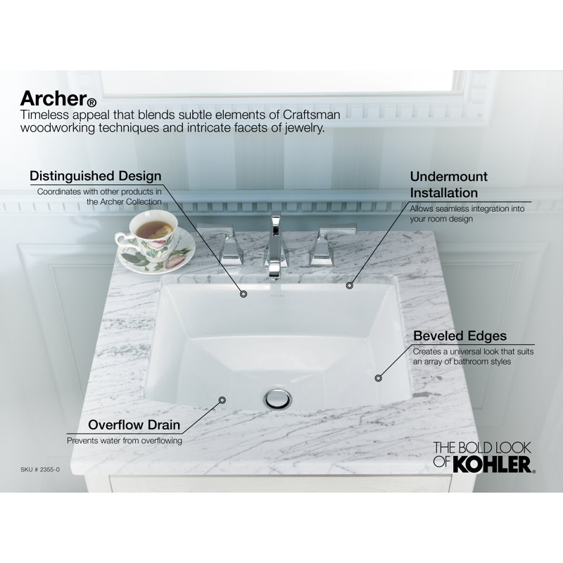 Archer® Vitreous China Rectangular Undermount Bathroom Sink with Overflow, White