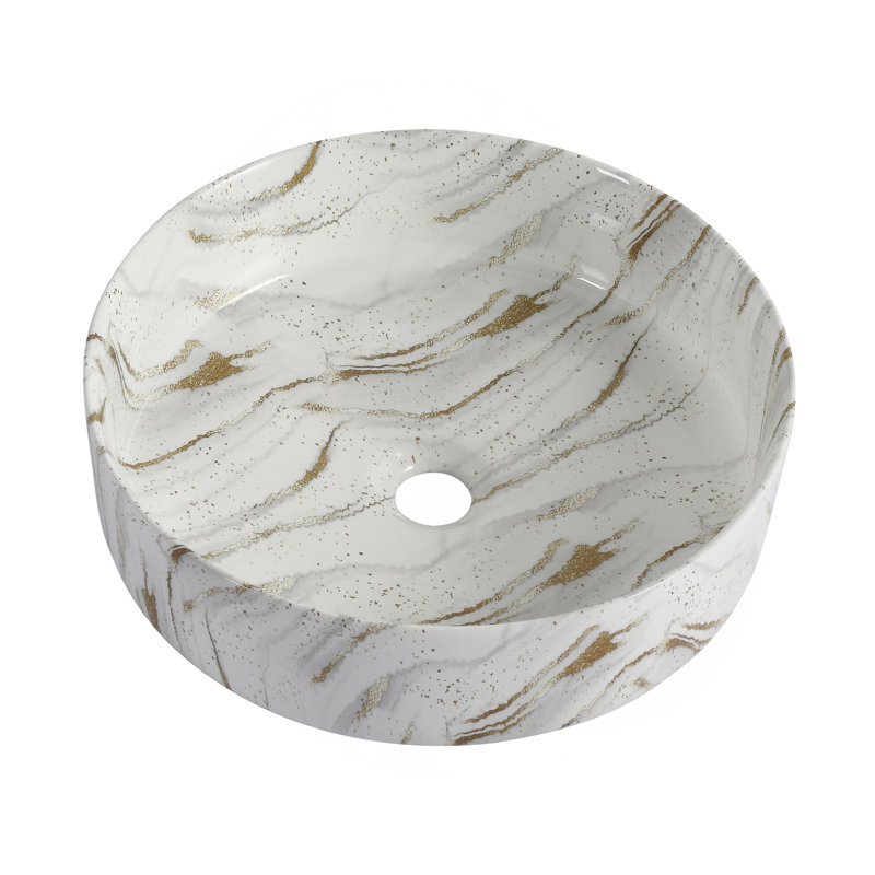 Ceramic Round Above Counter Bathroom Sink Art Basin, White Background With Golden Lines (BAA0014012PP), White/Gold