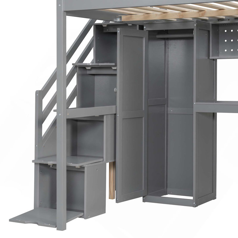 Structure de lit double mezzanine compacte avec garde-robe intégrée, bureau d'étude, tablettes de rangement et lumières, Grey