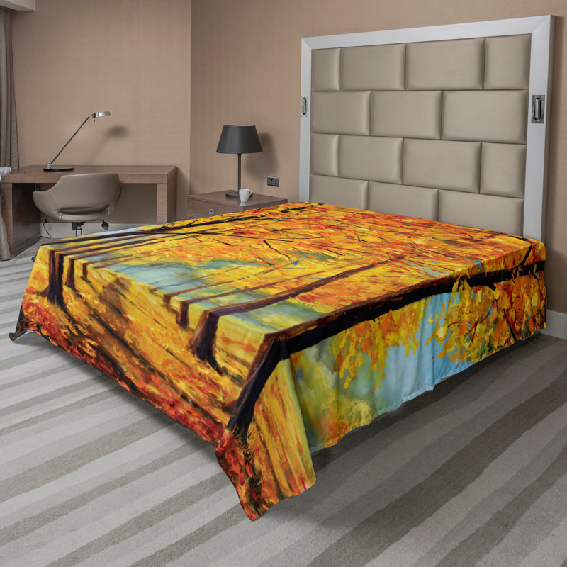 Ambesonne Country Top Flat Sheet Nature Park Autumn Fall TwinXL Yellow Brown, California King Flat Sheet