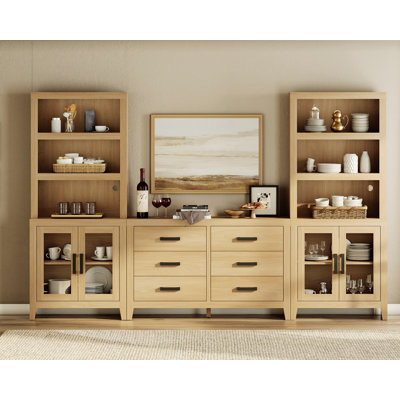Modular Kitchen Pantry With 6 Drawers And 2 Glass Doors, 74.2" Tall Wood Open Storage Cupboard, Farmhouse Pantry Cabinet With Adjustable Shelf For Dining Room,Living Room, Oak