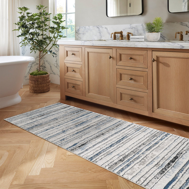 Modern Minimalist Striped Area Rug in Blue/Cream/Gray for Living Room, Hallway, Entryway Rugs, Runner 2' x 5'11"