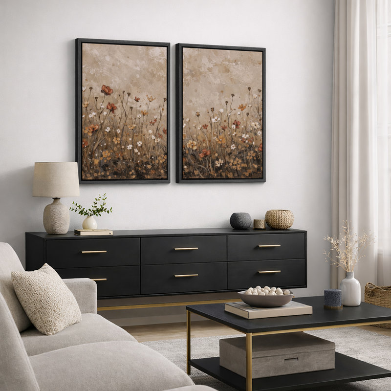 Autumn Wildflower Meadow Artwork, Living Room Pictures, Framed Canvas Giclee Print Wall Art, Black Floater Frame