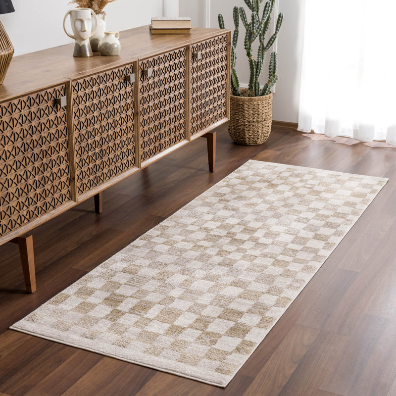 Jasha Checkered Beige/Brown Area Rug, Runner 2'7" x 7'3"