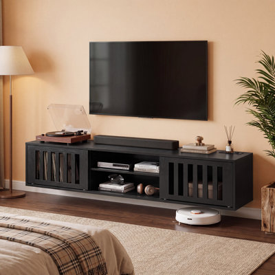 Meuble télé 59 po flottant avec prise de courant pour téléviseur de 75 po ou moins, 2 niveaux de divertissement à fixation murale avec rangement, console de télévision flottante rétro pour le salon, la chambre à coucher, noir
