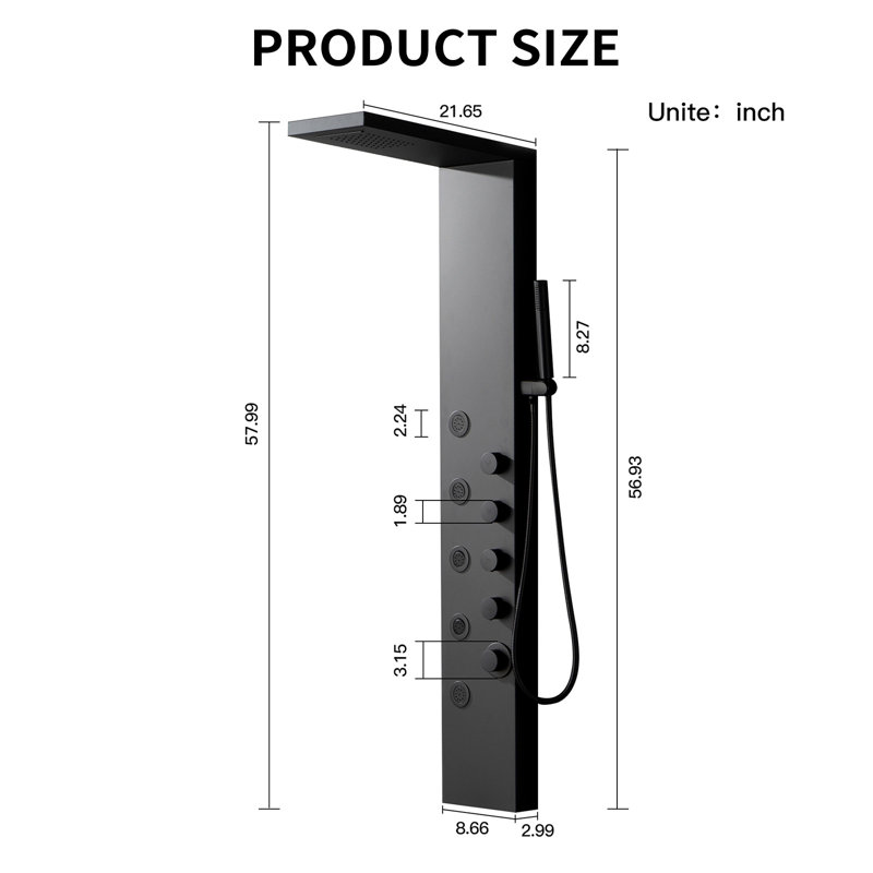 3-way Diverter Shower Tower Panel System with Fixed Shower Head, Matte Black